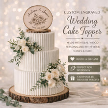 Load image into Gallery viewer, Personalised Rustic Wooden Wedding Cake Topper / Keepsake Log Slice
