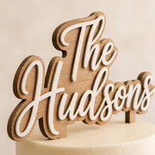 Load image into Gallery viewer, Personalised Wooden Wedding Cake Topper, Custom Script Mr &amp; Mrs Last Name
