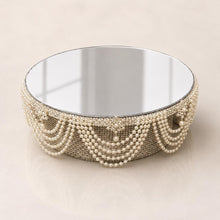 Load image into Gallery viewer, Pearl Drape Wedding Cake Stand, Luxury Mirrored Cake Display, Ivory White Pearl Cake Stand, Vintage Crystal Cake Stand, Wedding Cake Riser
