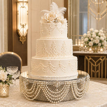 Load image into Gallery viewer, Pearl Drape Wedding Cake Stand, Luxury Mirrored Cake Display, Ivory White Pearl Cake Stand, Vintage Crystal Cake Stand, Wedding Cake Riser
