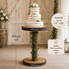 Load image into Gallery viewer, 80cm Tall Rustic Wedding Cake Table, Personalised Wood Log Cake Stand, Floor Standing Cake Pedestal, Engraved Wooden Cake Display

