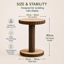 Load image into Gallery viewer, 80cm Tall Rustic Wedding Cake Table, Personalised Wood Log Cake Stand, Floor Standing Cake Pedestal, Engraved Wooden Cake Display
