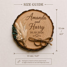 Load image into Gallery viewer, Personalised Wedding ring holder, Rustic Wood log ring cushion with dried flowers, wedding rings log slice , wedding gift
