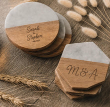 Load image into Gallery viewer, Pair of Personalised Marble &amp; Wood Coasters Custom Wedding Gift, Engagement present, Wooden Anniversary Gift
