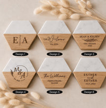 Load image into Gallery viewer, Pair of Personalised Marble &amp; Wood Coasters Custom Wedding Gift, Engagement present, Wooden Anniversary Gift
