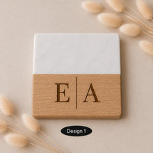 Load image into Gallery viewer, Pair of Personalised Marble &amp; Wood Coasters Custom Wedding Gift, Engagement present, Wooden Anniversary Gift
