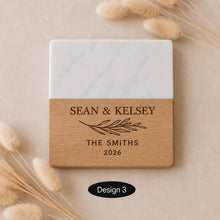 Load image into Gallery viewer, Pair of Personalised Marble &amp; Wood Coasters Custom Wedding Gift, Engagement present, Wooden Anniversary Gift
