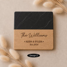 Load image into Gallery viewer, Pair of Personalised Marble &amp; Wood Coasters Custom Wedding Gift, Engagement present, Wooden Anniversary Gift
