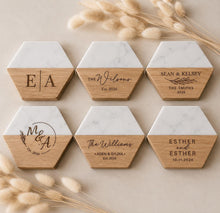 Load image into Gallery viewer, Pair of Personalised Marble &amp; Wood Coasters Custom Wedding Gift, Engagement present, Wooden Anniversary Gift
