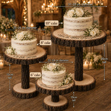 Load image into Gallery viewer, Set of 3 Personalized Wood Slice Cake Stand, Engraved Rustic Wedding stand, Personalised log cupcake stand Wodden Dessert Display

