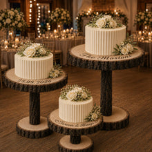 Load image into Gallery viewer, Set of 3 Personalized Wood Slice Cake Stand, Engraved Rustic Wedding stand, Personalised log cupcake stand Wodden Dessert Display

