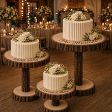 Load image into Gallery viewer, Set of 3 Personalized Wood Slice Cake Stand, Engraved Rustic Wedding stand, Personalised log cupcake stand Wodden Dessert Display

