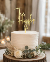 Load image into Gallery viewer, Personalised Cake Topper, Custom Surname Topper, Rustic Wood Last Name topper, Wooden Cake Decoration, Bride and Groom Cake Topper
