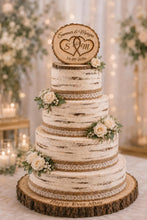 Load image into Gallery viewer, Personalised Rustic Wooden Wedding Cake Topper / Keepsake Log Slice
