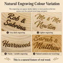 Load image into Gallery viewer, Personalised wood Cake Stand, Natural Rustic shape Engraved wooden slice Wedding Display stand, Personalized Etched log, Wood Dessert Board
