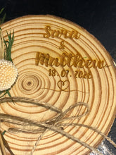 Load image into Gallery viewer, Personalised Wedding ring holder, Rustic Wood log ring cushion with dried flowers, wedding rings log slice , wedding gift
