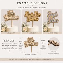 Load image into Gallery viewer, Personalised Wooden Wedding Cake Topper, Custom Script Mr &amp; Mrs Last Name
