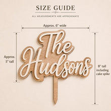 Load image into Gallery viewer, Personalised Wooden Wedding Cake Topper, Custom Script Mr &amp; Mrs Last Name

