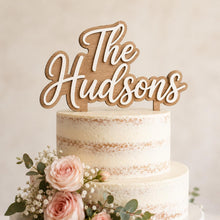 Load image into Gallery viewer, Personalised Wooden Wedding Cake Topper, Custom Script Mr &amp; Mrs Last Name
