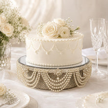 Load image into Gallery viewer, Pearl Drape Wedding Cake Stand, Luxury Mirrored Cake Display, Ivory White Pearl Cake Stand, Vintage Crystal Cake Stand, Wedding Cake Riser
