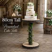 Load image into Gallery viewer, 80cm Tall Rustic Wedding Cake Table, Personalised Wood Log Cake Stand, Floor Standing Cake Pedestal, Engraved Wooden Cake Display
