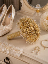 Load image into Gallery viewer, Champagne Bridal Bouquet Gold Wedding Bouquet Luxury Keepsake Flower Bouquet Pearl Bride Bouquet Gatsby 1920's style
