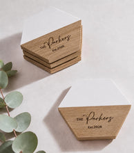 Load image into Gallery viewer, Pair of Personalised Marble &amp; Wood Coasters Custom Wedding Gift, Engagement present, Wooden Anniversary Gift
