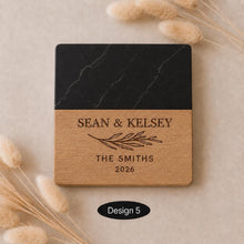 Load image into Gallery viewer, Pair of Personalised Marble &amp; Wood Coasters Custom Wedding Gift, Engagement present, Wooden Anniversary Gift
