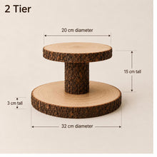 Load image into Gallery viewer, Personalized Log Slice Cake Stand, Stepped 3,4,or 5 Tier Engraved Rustic Wedding stand, Personalised wooden cupcake Dessert Display
