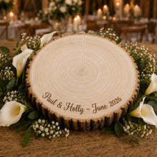 Load image into Gallery viewer, Personalized log Slice Cake Stand, Engraved Rustic wooden Wedding Display stand, Personalised Engraved log Slice, Engagment Dessert Board
