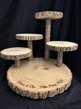 Load image into Gallery viewer, Personalized Log Slice Cake Stand, Stepped 3,4,or 5 Tier Engraved Rustic Wedding stand, Personalised wooden cupcake Dessert Display
