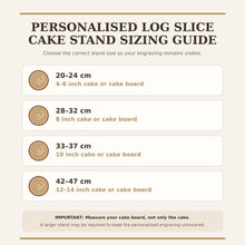 Load image into Gallery viewer, Rustic Personalised Log Slice, Wedding Cake Stand, Engraved Wood Wedding Cake Board Engagement Dessert Board
