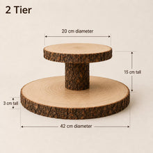 Load image into Gallery viewer, Personalized Log Slice Cake Stand, Stepped 3,4,or 5 Tier Engraved Rustic Wedding stand, Personalised wooden cupcake Dessert Display
