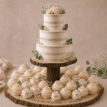 Load image into Gallery viewer, PersonaliSed Log Slice Cake Stand, Large Central Stage Engraved Rustic Wedding stand, Personalised wooden cupcake Dessert Display
