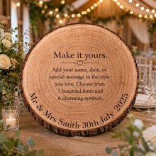 Load image into Gallery viewer, Personalised wood Cake Stand, Natural Rustic shape Engraved wooden slice Wedding Display stand, Personalized Etched log, Wood Dessert Board
