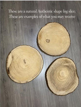 Load image into Gallery viewer, Personalised wood Cake Stand, Natural Rustic shape Engraved wooden slice Wedding Display stand, Personalized Etched log, Wood Dessert Board
