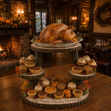 Load image into Gallery viewer, Wood Slice Food Display Stand 4 Tier Engraved Rustic Dessert stand, Personalised wooden cupcake Dessert Display
