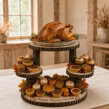 Load image into Gallery viewer, Wood Slice Food Display Stand 4 Tier Engraved Rustic Dessert stand, Personalised wooden cupcake Dessert Display
