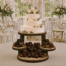 Load image into Gallery viewer, Wood Slice Food Display Stand 4 Tier Engraved Rustic Dessert stand, Personalised wooden cupcake Dessert Display
