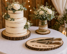 Load image into Gallery viewer, Personalised Wedding Cake Knife Holder, Engraved oval Log Slice, Rustic Cake Cutting Set Display, Wooden Wedding Keepsake
