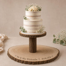 Load image into Gallery viewer, PersonaliSed Log Slice Cake Stand, Large Central Stage Engraved Rustic Wedding stand, Personalised wooden cupcake Dessert Display
