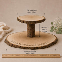 Load image into Gallery viewer, PersonaliSed Log Slice Cake Stand, Large Central Stage Engraved Rustic Wedding stand, Personalised wooden cupcake Dessert Display
