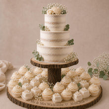 Load image into Gallery viewer, PersonaliSed Log Slice Cake Stand, Large Central Stage Engraved Rustic Wedding stand, Personalised wooden cupcake Dessert Display
