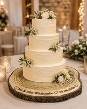 Load image into Gallery viewer, Personalised wood Cake Stand, Natural Rustic shape Engraved wooden slice Wedding Display stand, Personalized Etched log, Wood Dessert Board
