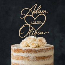 Load image into Gallery viewer, Personalised Couples names Cake Topper with date , Heart Wedding Cake Toppers for Wedding, Rustic Wedding Cake Topper, Custom Cake Decor

