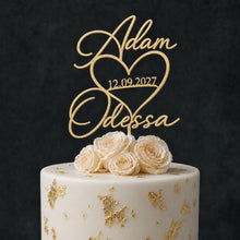 Load image into Gallery viewer, Personalised Couples names Cake Topper with date , Heart Wedding Cake Toppers for Wedding, Rustic Wedding Cake Topper, Custom Cake Decor
