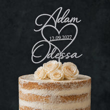 Load image into Gallery viewer, Personalised Couples names Cake Topper with date , Heart Wedding Cake Toppers for Wedding, Rustic Wedding Cake Topper, Custom Cake Decor
