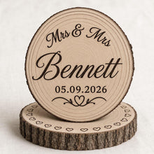 Load image into Gallery viewer, Personalised Rustic wood slice Cake Topper / Keepsake wood log Keepsake
