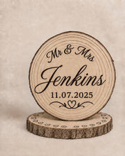 Load image into Gallery viewer, Personalised Rustic wood slice Cake Topper / Keepsake wood log Keepsake
