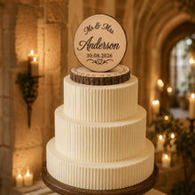 Load image into Gallery viewer, Personalised Rustic wood slice Cake Topper / Keepsake wood log Keepsake
